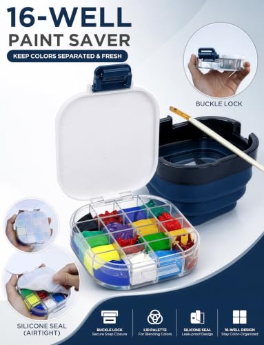 16-Well Airtight Gouache Palette Box with Lid & Foldable Water Cup, Blue | Compact Travel Design, Refillable Paint Storage Suitable for Watercolor & Acrylic - color: Blue