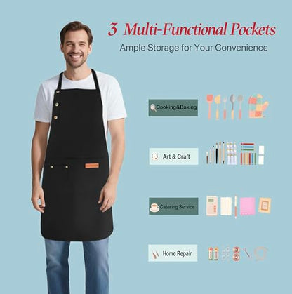 Kitchen Cooking Apron for Women Men Water-Resistant Artist Barista Baking Craft Catering Work Bib with Large Pockets - color: Black