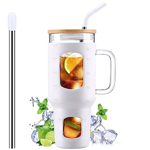 WINSA Glass Tumbler with Straw and Lid, 40 oz glass cup with handle, Glass Water Bottles with Time Marker, Silicone Protective Sleeve-White - color: White, size: 40 Ounces