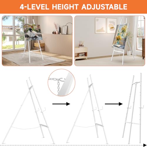 Easel Stand for Sign, Heavy Duty Metal Display Easel with Adjustable Chain, 4-Tier Height Art Easel for Painting, Wedding Sign, Posters & Commercial Display (White) - color: White