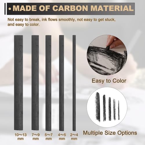 MECCANIXITY Willow Charcoal Sticks, 2-4mm / 4-5mm / 5-7mm / 7-9mm Willow Charcoal Pencils Soft Sketch Vine Art Supplies Set for Drawing Sketching Shading Painting Artists(Black, Pack of 200)