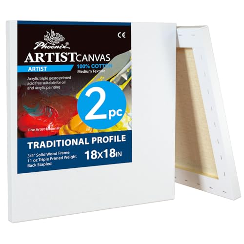 PHOENIX 18x18 Inch 2 Pack Artist Canvas - Large Square Stretched Canvases for Painting - 3/4 Inch Profile, 100% Cotton 11 Oz. Gesso Primed White Blank Professional Canvas Oil & Acrylic Paints - size: 18"x18", style: Traditional
