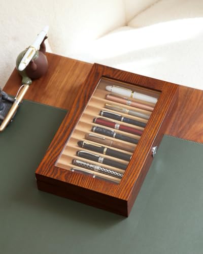 Fountain Pen Display Case with 12 Pens, Wood Pen Display Box, Lockable Pen Storage Box with Glass Top, Pen Box Organizer, Pen Collection Display Case (Brown with Camel Velvet) - color: brown 12 slots, camel velvet