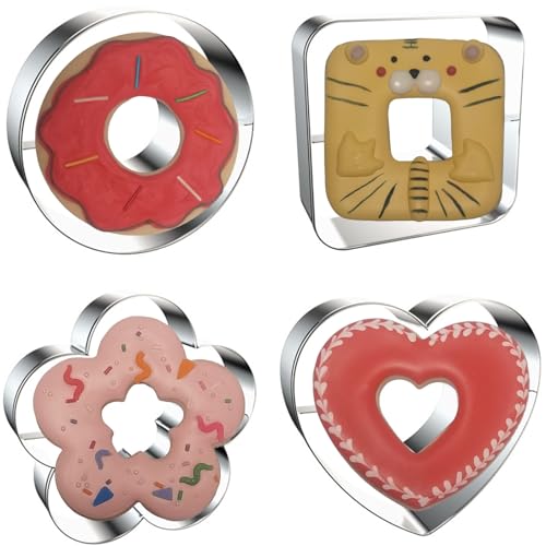 4-Piece Linzer Cookie Cutters Set - Stainless Steel Large Fondant Biscuit Molds for Birthday Party, Graduation, Christmas, and Holiday Baking DIY (Round, Square, Heart, Flower)