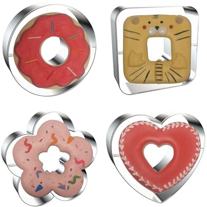 4-Piece Linzer Cookie Cutters Set - Stainless Steel Large Fondant Biscuit Molds for Birthday Party, Graduation, Christmas, and Holiday Baking DIY (Round, Square, Heart, Flower)