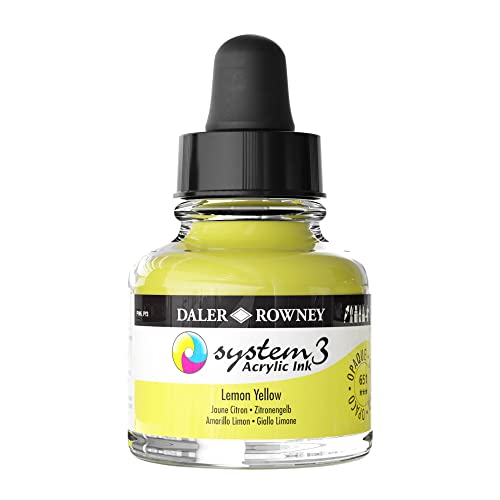 Daler-Rowney System3 Acrylic Ink Bottle Lemon Yellow 29.5ml - Versatile Acrylic Ink for Artists and Students - Opaque Calligraphy Ink for Drawing Illustrating Airbrushing Dip Pen Ink and More