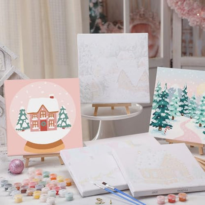 YooNotee 12 Pack Valentine's Day Paint by Numbers Kit - 8 x 8 Inches Pink Themed DIY Canvas with Wooden Display Easel, Brushes and Paints 6 Designs for Adults Family Holiday Decor - style: Snow