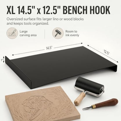 ElaraBerry 14.5" x 12.5" Extra Large Bench Hook Metal Inking Plate for Block Linoleum Printmaking Supplies Printing Carving Printmaking Tool, Heavy Duty Metal with Screw Studio Grade