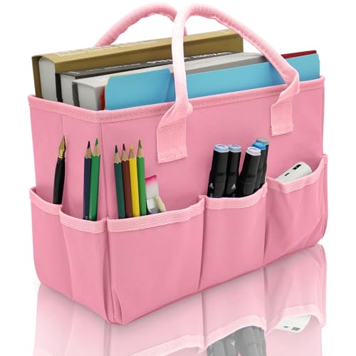Cupohus Art Organizer Craft Storage Tote Bag with Pockets and Hadles, Oxford Fabric Carrying Caddy for Teacher, Officer, Artist, Traveler, and more – Pink - color: Pink