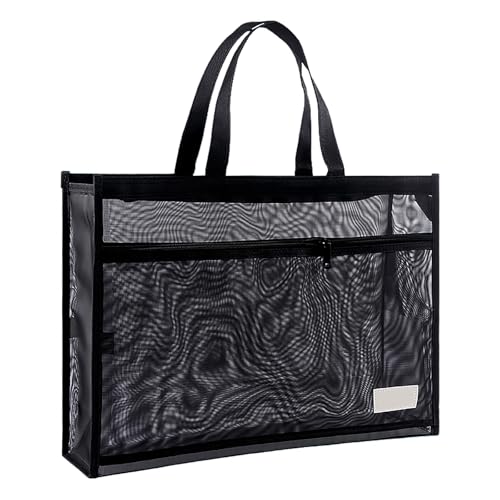 OhMill Large Art Portfolio Case 18 x 12 Inch Portfolio Bag Nylon Mesh Art Bags Artwork Storage Case with Handle and Zipper - color: Black