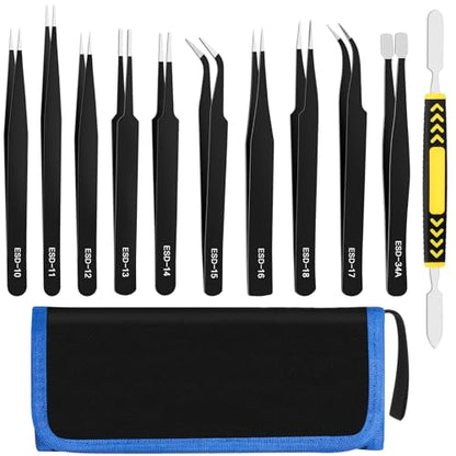11 PCS Precision Tweezers Set, ESD Tweezers Set, Premium Craft Tweezers Kit, Anti-Static Stainless Steel Tweezers with Tweezer Storage Bag for Lab, Electronics, Jewelry, Laboratory Work, DIY