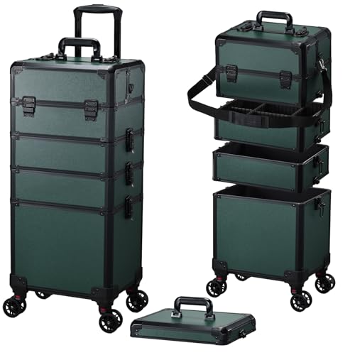 Rolling Makeup Case Makeup Train Case with Lid 5 in 1 Cosmetology Case on Wheels Cosmetic Trolley Organizer Large Makeup Organizers Case Profesional Cosmetic Case for Salon Barber Nail, Dark Green - color: Dark Green