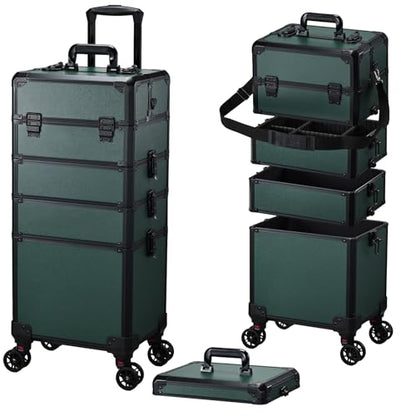 Rolling Makeup Case Makeup Train Case with Lid 5 in 1 Cosmetology Case on Wheels Cosmetic Trolley Organizer Large Makeup Organizers Case Profesional Cosmetic Case for Salon Barber Nail, Dark Green - color: Dark Green
