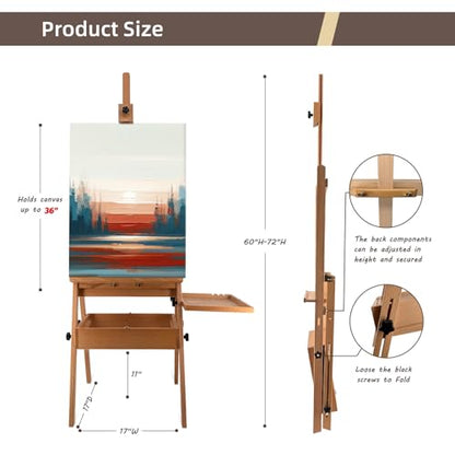 Large Solid Beech Wood Painting Easel with Storage Drawer and Palette (60"~75" H), H-Frame Foldable Wooden Easel Stand with Signature Box for Adults and Students, Holder up to 36'' - style: Easel Pro