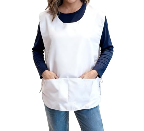 Large Smock Cobbler Apron for Men & Women, Adjustable Side Ties & 2 Pockets - color: White