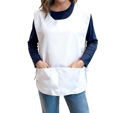 Large Smock Cobbler Apron for Men & Women, Adjustable Side Ties & 2 Pockets - color: White