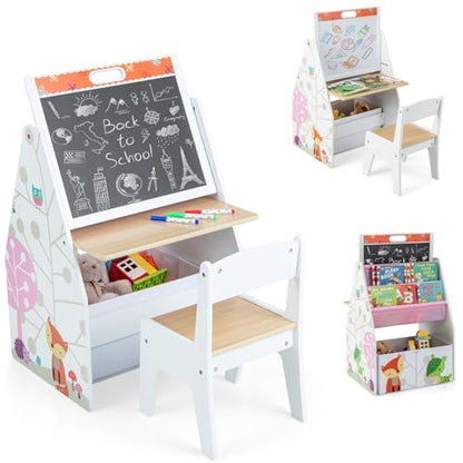 HONEY JOY Kids Art Easel, Wooden Double-Sided Toddler Table & Chair Set w/Adjustable Magnetic White Board & Chalkboard, Bookshelf & Storage Bin, Arts & Crafts, Kids Art Table for Boys Girls (White) - color: White