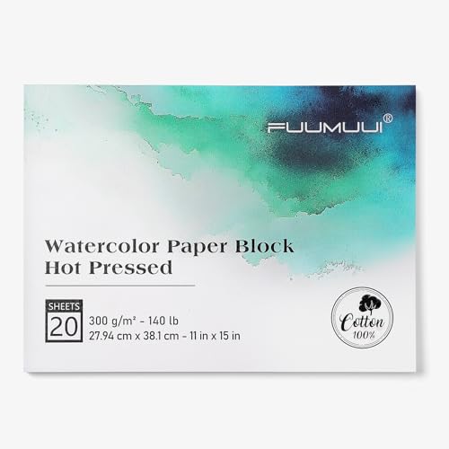 Fuumuui Watercolor Paper Block 11x15 Inch, Smooth Surface 100% Cotton Watercolor Paper, 20 Sheets, 140lb/300gsm, Hot Press, Acid-Free, Art Paper for Painting & Drawing, Wet, Mixed Media - color: Hot Press, size: 11×15"