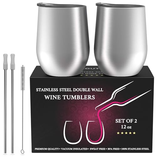 CHILLOUT LIFE 12 oz Stainless Steel Wine Tumblers 2 Pack - Double Wall Vacuum Insulated Wine Glasses Cups with Lids and Straws Set Keeping Cold & Hot for Coffee, Beer, Ice Cream - Dishwasher Safe - color: Stainless Steel, style: 2 Pack