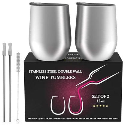 CHILLOUT LIFE 12 oz Stainless Steel Wine Tumblers 2 Pack - Double Wall Vacuum Insulated Wine Glasses Cups with Lids and Straws Set Keeping Cold & Hot for Coffee, Beer, Ice Cream - Dishwasher Safe - color: Stainless Steel, style: 2 Pack