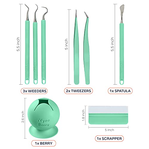 iVyne (8pcs) Premium Vinyl Weeding Tool Kit & Weeding Scrap Collector Soft Grip Tools with Berry, Weeder, Tweezers, Picker Or Hook, and Scraper Set for Scrapbooking & HTV - - color: Silicone Tools & Berry Green