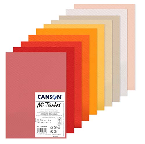 CANSON Mi-Teintes Coloured Drawing 160gsm A4 Paper Pack, Double Sided: Honeycomb & Fine Grain, 10 Warm Colour Sheets, for Professional Artists & Illustrators - color: Warm tones