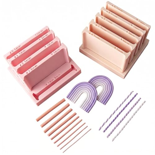 Polymer Clay Thickness String Roller Tool, 5 Size Even-Thickness Guides with Base, Strip Cutter for DIY Earrings, Jewelry Making and Clay Art (Pink+Apricot) - color: Pink+Apricot