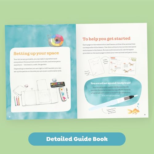 Tiger Tribe How to Paint Watercolor Animals Set for Kids & Tweens - Mess-Free, Portable, Complete Kit with Step-by-Step Guide, 12 Colors & Waterbrush