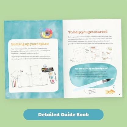Tiger Tribe How to Paint Watercolor Animals Set for Kids & Tweens - Mess-Free, Portable, Complete Kit with Step-by-Step Guide, 12 Colors & Waterbrush