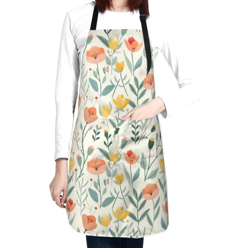 Cream Pastel Wildflower Art Waterproof Apron with Pockets | Garden Aprons for Men Women Adjustable Bib Apron for Cooking Kitchen Baking BBQ Painting Housework Oil Resistant - color: Rich Botanical Print