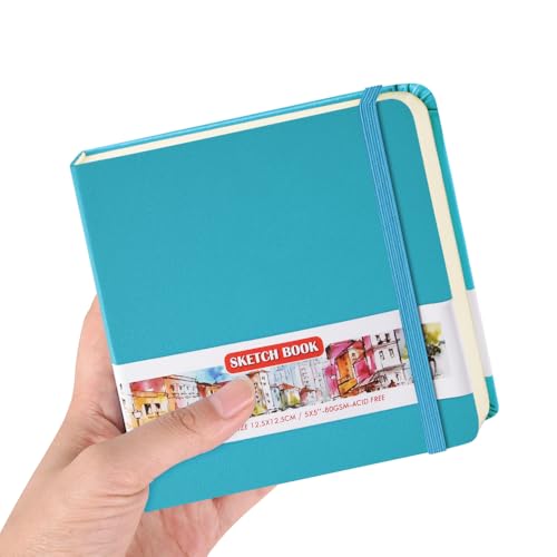 Square 5x5 inches 80gsm 96sheets/192 Pages Notebooks Blank Sketchbooks Travel Journal Pocket Hardcover Paint Writing Diary Memo Planner PU Leather Cover. Lake Blue - color: PU Cover-5x5in-Lake Blue
