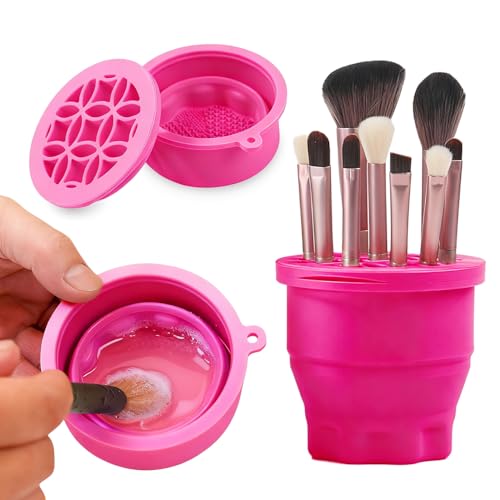 Makeup Brushes Cleaner Mat with Brush Storage Holder, Folding Portable Washing Tool for Makeup Brush Cleaning, 2 In 1 Silicone Brush Cleaner Pad & Cosmetic Brush Organizer Rack (Hot Pink) - color: Hot Pink