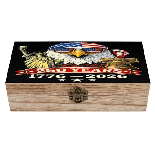 250 Years America Anniversary 1776-2026 Liberty Eagle Jewelry Box Wooden Rustic Multi-Purpose Organizer with Front Clasp for Jewelry, Crafts, Accessories & Small Items - color: style-4