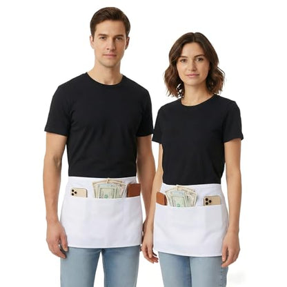 BOHARERS Waist Apron with 3 Pockets 3 Pack - White Waitress Server Short Apron - color: A1-3 Pack White