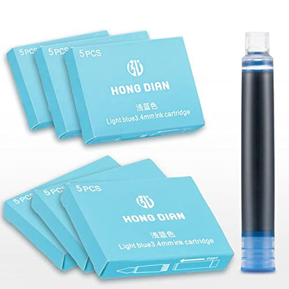 Asvine Hongdian Fountain Pen Light Blue Ink Cartridges, Set of 30 Refill Ink Cartridges, 3.4 mm Bore Diameter - color: Light Blue