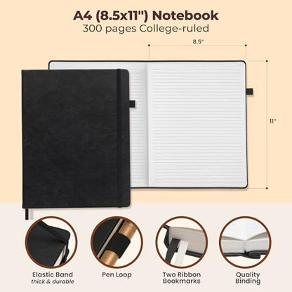 Thick Lined Journal Notebook 8.5x11" with Big A4 Hardcover Leather - Black - 300 Pages College Ruled Large with Sticky Tabs, Pockets, & Pen Loop for Writing and Journaling - Hard Cover Fancy Notebook - color: Black, size: A4 300 Pages