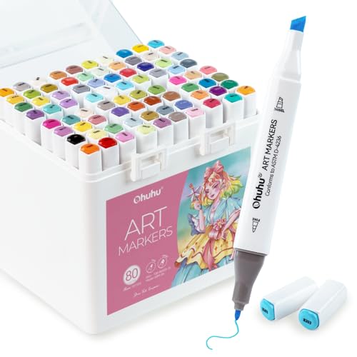 Ohuhu Markers for Starters, 80-color Chisel & Fine Dual Tips Alcohol Markers Coloring Illustration Sketching Alcohol Art Marker Set for Adult Beginner, Great Value Pack for Students' Art Class -Manoa