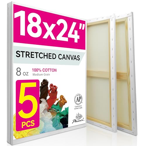 PHOENIX Large Stretched Canvas for Painting 18x24 Inch/5 Value Pack, 8 Oz Triple Primed 5/8 Inch Profile 100% Cotton White Blank Canvas, Framed Canvas for Oil Acrylic & Pouring Art - size: 18"x24", style: Studio Set (8 Oz.)