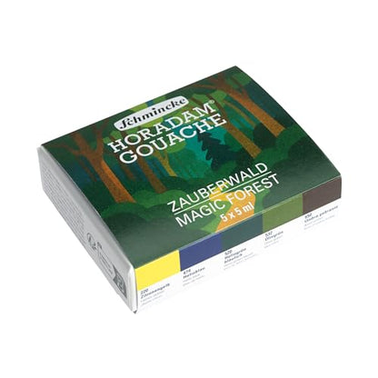 Schmincke – HORADAM® GOUACHE Paint box compact cardboard theme set Magic Forest with 5 finest, highly pigmented gouache paints in 5 ml tubes, 72723097, painting set