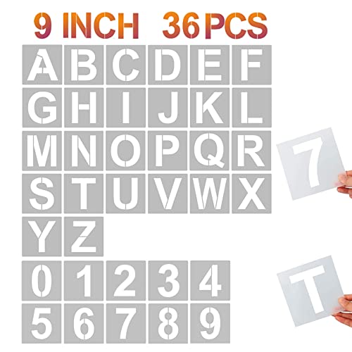 YEAJON 9 Inch Letter Stencils and Numbers, 36 Pcs Alphabet Art Craft Stencils, Reusable Plastic Templates for Wood, Wall, Fabric, Rock, Signage, DIY Art Projects (9 Inch) - size: 9 Inch