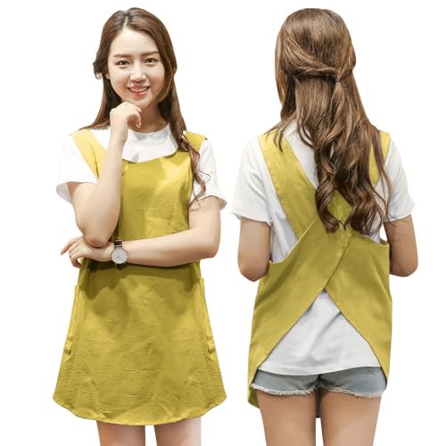 Shortened Design Apron, Japanese Style Soft Cotton Linen Apron with Two Side Pockets, X Cross Halter Aprons, Kitchen Cooking Clothes Gift for Women DIY Project, Crafting, Cooking, Baking(Yellow) - color: Yellow, style: 1# Style-rounded Edge