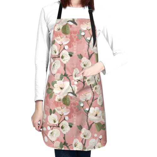 Fresh Meadow Floral Waterproof Apron with Pockets | Housework Aprons for Men Women Adjustable Bib Apron for Cooking Kitchen Baking BBQ Painting Garden Oil Resistant - color: Pink White Floral Art