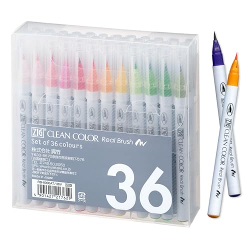 Kuretake Zig Clean Color Real Brush 36 colors set, Brush tip marker pens, for Professional and Artist, coloring, drawing, calligraphy, lettering, Made in Japan - color: multicolor