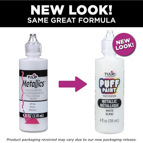 Tulip Puff Fabric Paint Metallic Finish , Permanent Craft Paint for Clothes, DIY Projects, Notoxic, 4 fl oz, Metallic White - color: METALLIC WHITE, size: 4 Fl Oz (Pack of 1)