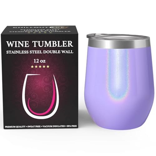 CHILLOUT LIFE 12 oz Stainless Steel Wine Tumbler with Lid - Double Wall Vacuum Insulated Wine Cup Glass Keeping Cold & Hot for Coffee, Champagne, Cocktails, Ice Cream - Purple Sparkle - color: Purple Sparkle, style: 1 Pack