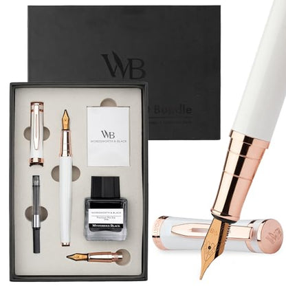 Wordsworth & Black Fountain Pen Set,18K Gilded Medium & Extra Fine Nib,25ML Black Ink Bottle,6 Ink Cartridges,Refill Converter,Gift Box,Smooth Writing Pen [White Rose Gold],Gift Set for Men and Women - color: White Rose Gold