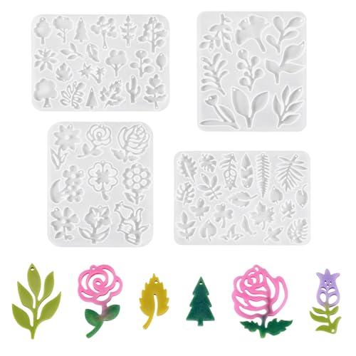 4Pcs Flower Leaf Pendant Resin Molds Assorted Plant Tree Floral Leaves Silicone Molds for Epoxy Resin Craft Casting DIY Earring Necklace Jewelry Making - color: White-Flower Leaf Tree