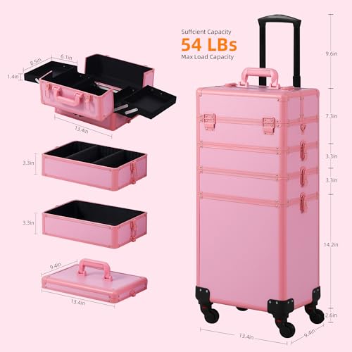 Somduy Makeup Train Case, Rolling Makeup Case with Lid, 5 in 1 Cosmetology Case on Wheels, Christmas Gift, Large Makeup Case Organizers, Profesional Cosmetic Case for Salon Barber, Pink - color: Pink
