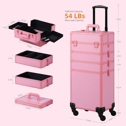 Somduy Makeup Train Case, Rolling Makeup Case with Lid, 5 in 1 Cosmetology Case on Wheels, Christmas Gift, Large Makeup Case Organizers, Profesional Cosmetic Case for Salon Barber, Pink - color: Pink