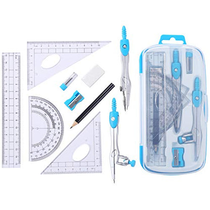 Unjoo Math Geometry Kit Sets 10 Piece Student Supplies with Shatterproof Storage Box,Includes Rulers,Protractor,Compass,Eraser,Pencil Sharpener,Lead Refills,Pencil,for Drafting and Drawings（Blue） - color: Blue